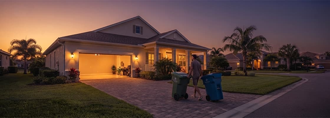 Curb Critter runner wheeling bins to the curb for weekly valet service